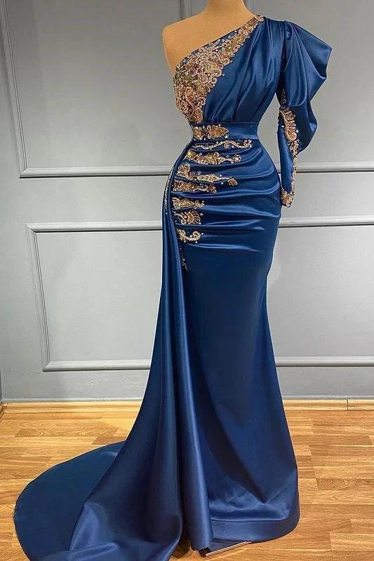 Regal Sapphire One Shoulder Mermaid Long Prom Dress with Beads by BIZTUNNEL