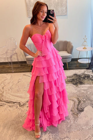 Vestido de fiesta largo de gasa con escote en forma de A y abertura en capas