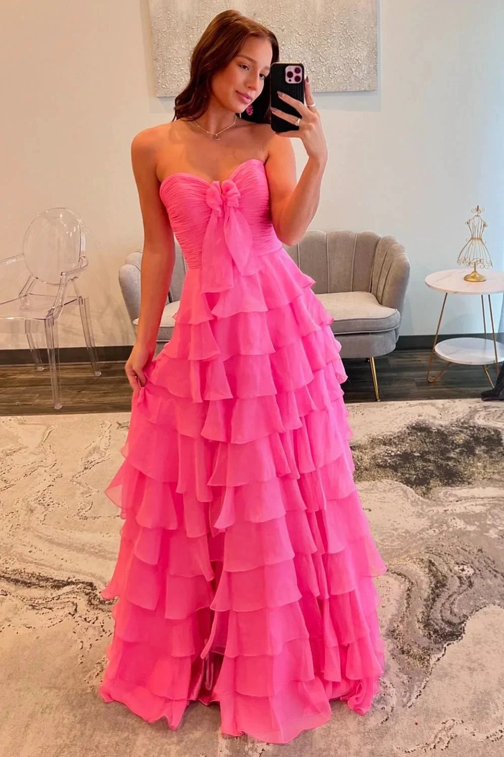 Sweetheart A-Line Chiffon Tiered Long Prom Dress with Slit by DREAMUNDERWEAR