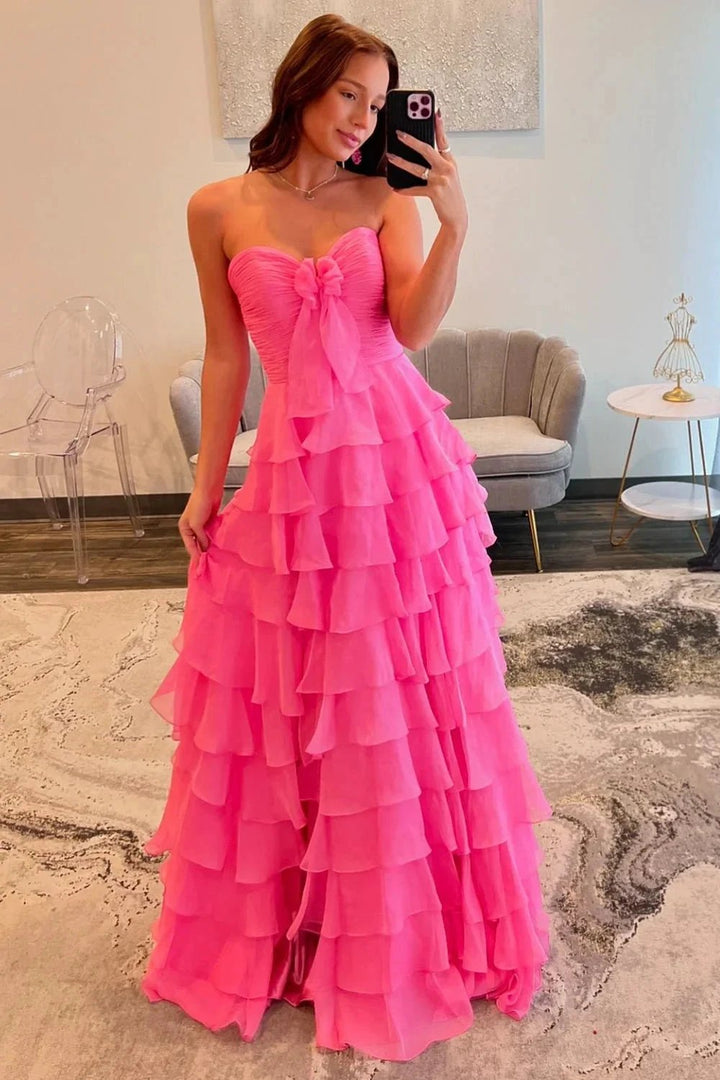 Sweetheart A-Line Chiffon Tiered Long Prom Dress with Slit by DREAMUNDERWEAR