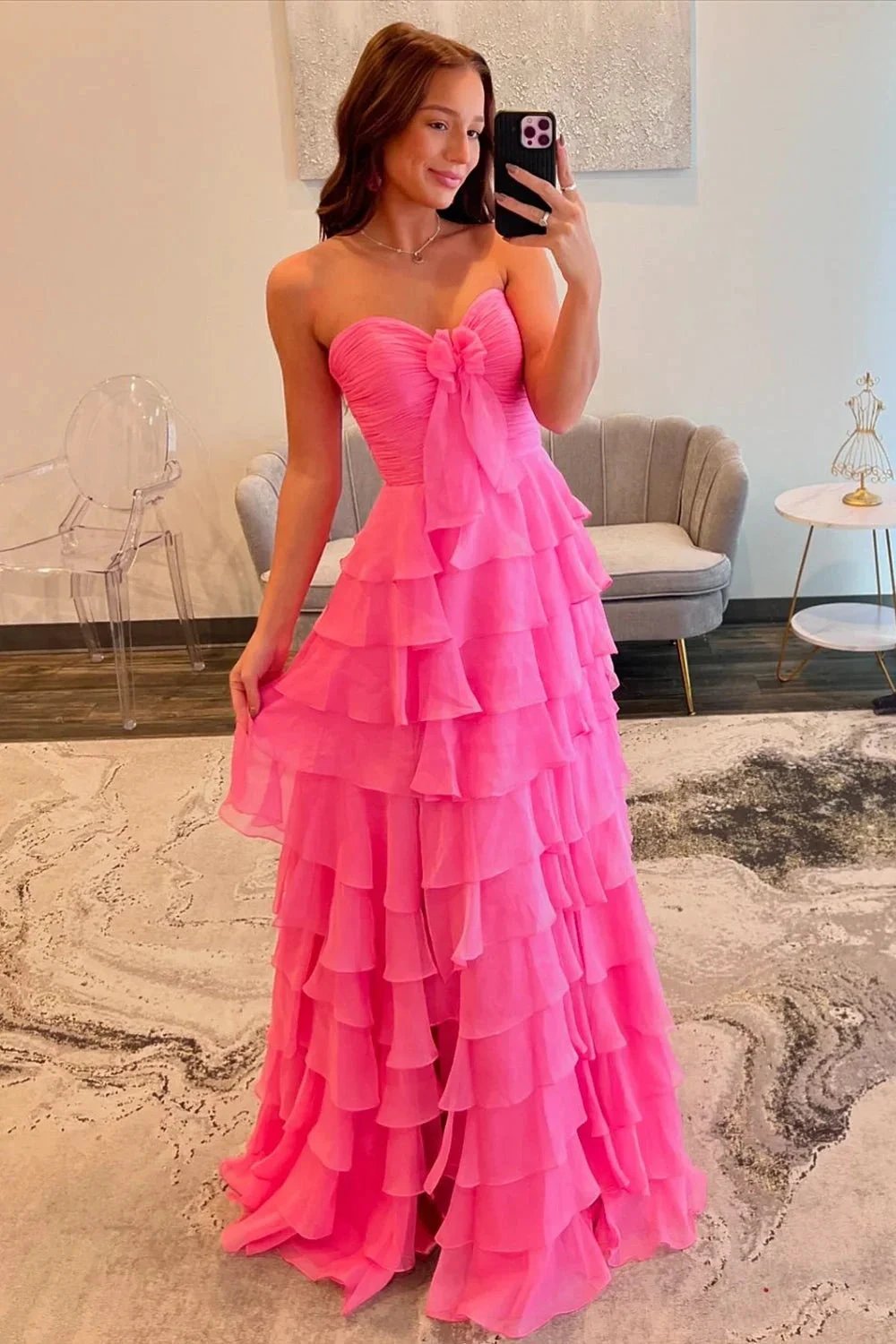 Sweetheart A-Line Chiffon Tiered Long Prom Dress with Slit by DREAMUNDERWEAR
