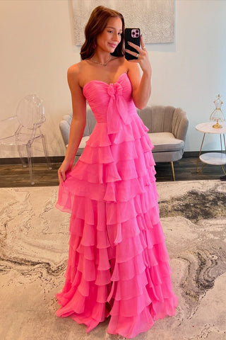 Vestido de fiesta largo de gasa con escote en forma de A y abertura en capas