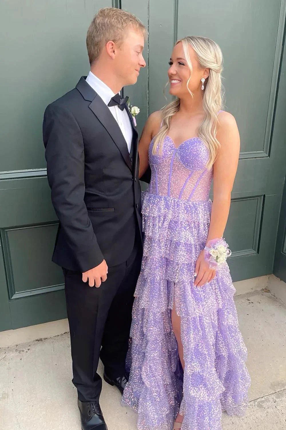 Eleanor | Glitter Tulle Corset Ruffle Tiered Long Prom Dress with Slit by KissProm