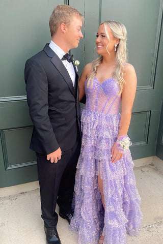 Eleanor | Langes Ballkleid mit Stufen, Korsett und Rüschen aus Glitzertüll und Schlitz