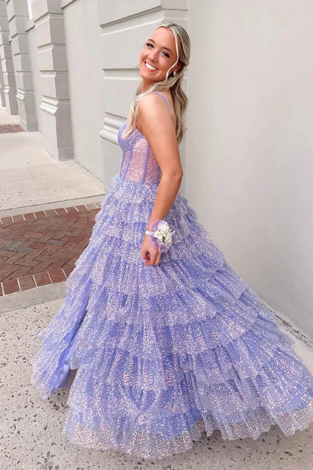 Eleanor | Glitter Tulle Corset Ruffle Tiered Long Prom Dress with Slit by KissProm