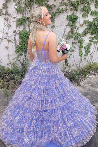 Eleanor | Langes Ballkleid mit Stufen, Korsett und Rüschen aus Glitzertüll und Schlitz