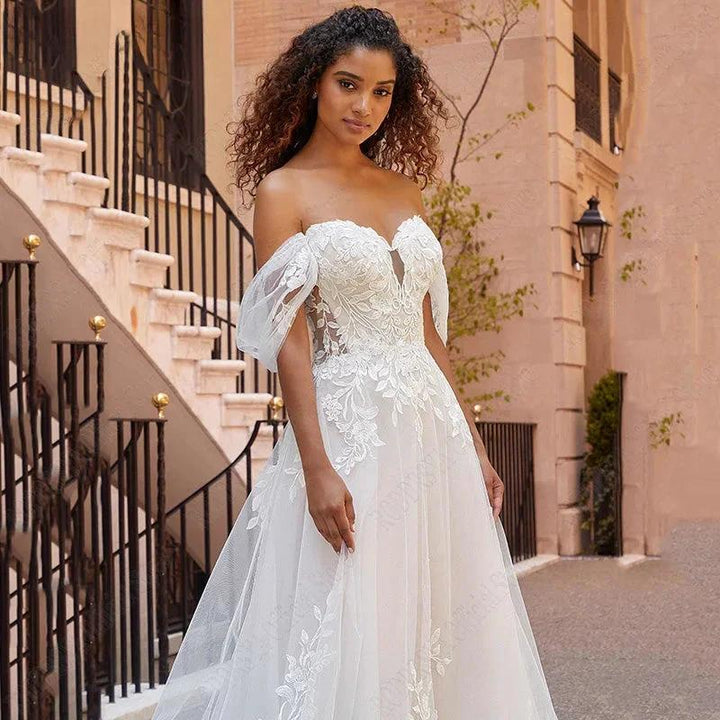 RODDRSYA Beach Wedding Dresses Lace Puff Sleeves Bridal Gowns Princess Off Shoulder Vestido De Novia Appliques Tulle Sweep Train by payinti