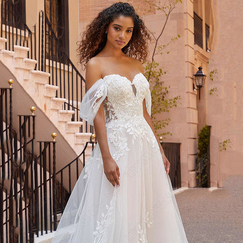 RODDRSYA Beach Wedding Dresses Lace Puff Sleeves Bridal Gowns Princess Off Shoulder Vestido De Novia Appliques Tulle Sweep Train