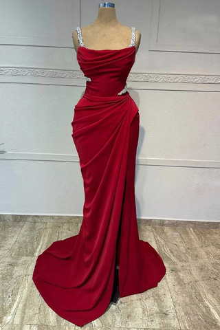 Vestido de noche formal estilo sirena con tirantes finos color burdeos y cuentas, estilo vintage, Y7688