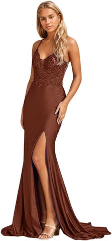 Damen Meerjungfrau-Ballkleid mit Spitzenapplikation, lang, mit Schlitz, dehnbar, Satin, V-Ausschnitt, formelles Abendkleid 