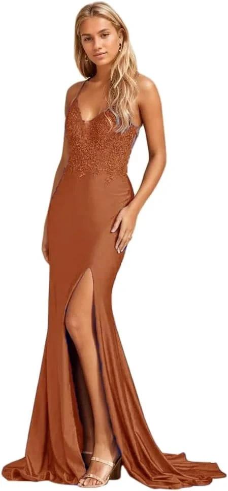 Women's Lace Applique Mermaid Prom Dresses Long with Slit Stretchy Satin V Neck Formal Evening Gown by Sunnderly