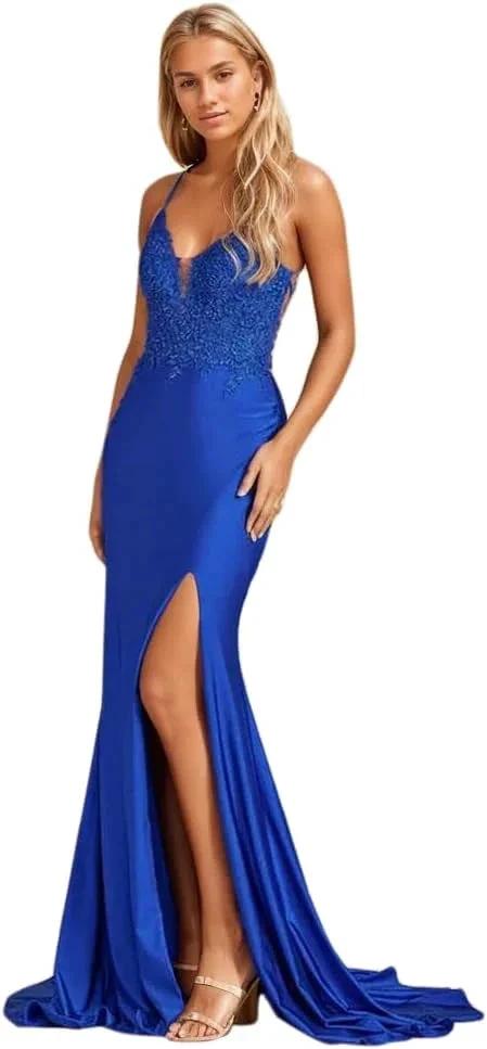 Women's Lace Applique Mermaid Prom Dresses Long with Slit Stretchy Satin V Neck Formal Evening Gown by Sunnderly