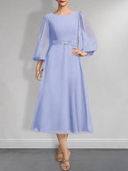A-line Scoop Tea-Length Chiffon Mother of the Bride Dress With Crystal Brooch Pleated by Dreamylily