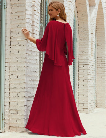 Sunnderly  Bridesmaid Dress Women Long Sleeve V-Neck Chiffon Formal Wedding Party Dress SY28018