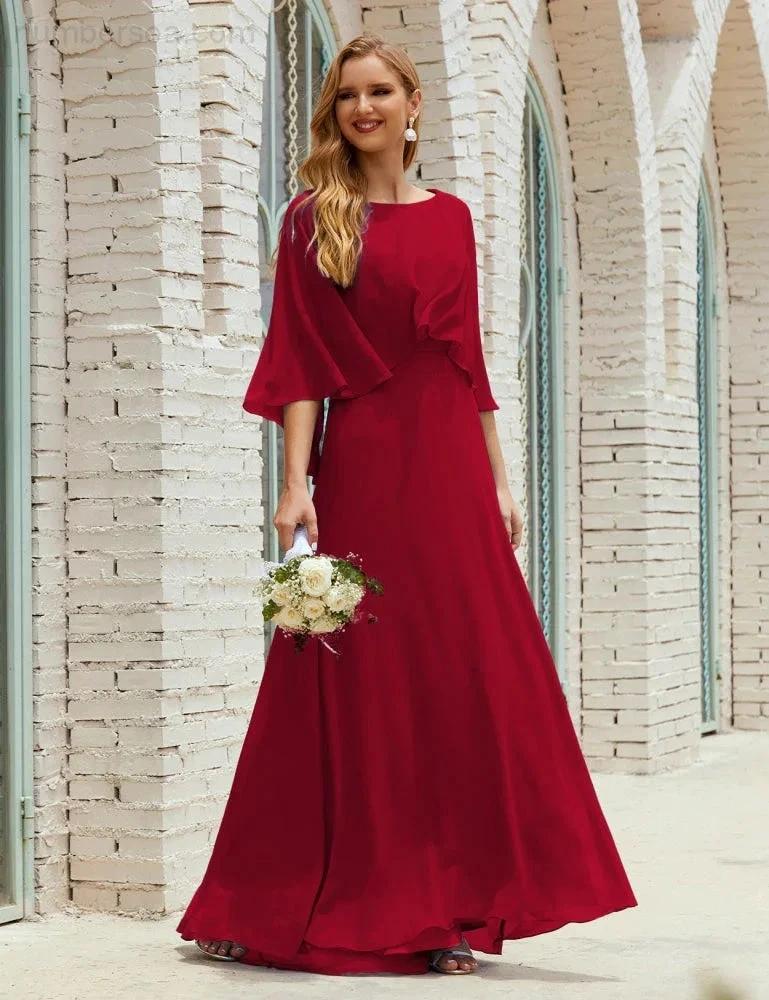 Sunnderly Bridesmaid Dress Women Long Sleeve V-Neck Chiffon Formal Wedding Party Dress SY28018 by numbersea