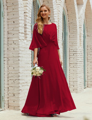 Sunnderly  Bridesmaid Dress Women Long Sleeve V-Neck Chiffon Formal Wedding Party Dress SY28018