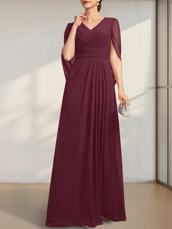 A-line V-Neck Floor-Length Chiffon Mother of the Bride Dress With Pleated by Dreamylily