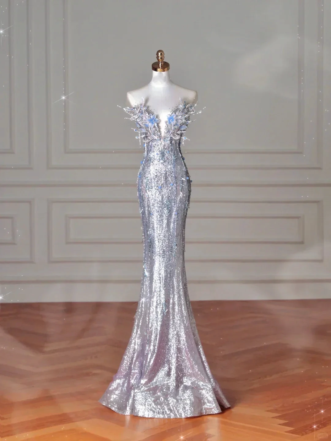 Luxury Silver Sequin 3D Beaded Mermaid Evening Dress Long Prom Dress With Bow Y8640 by simplepromdress