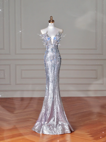 Luxury Silver Sequin 3D Beaded Mermaid Evening Dress Long Prom Dress With Bow Y8640