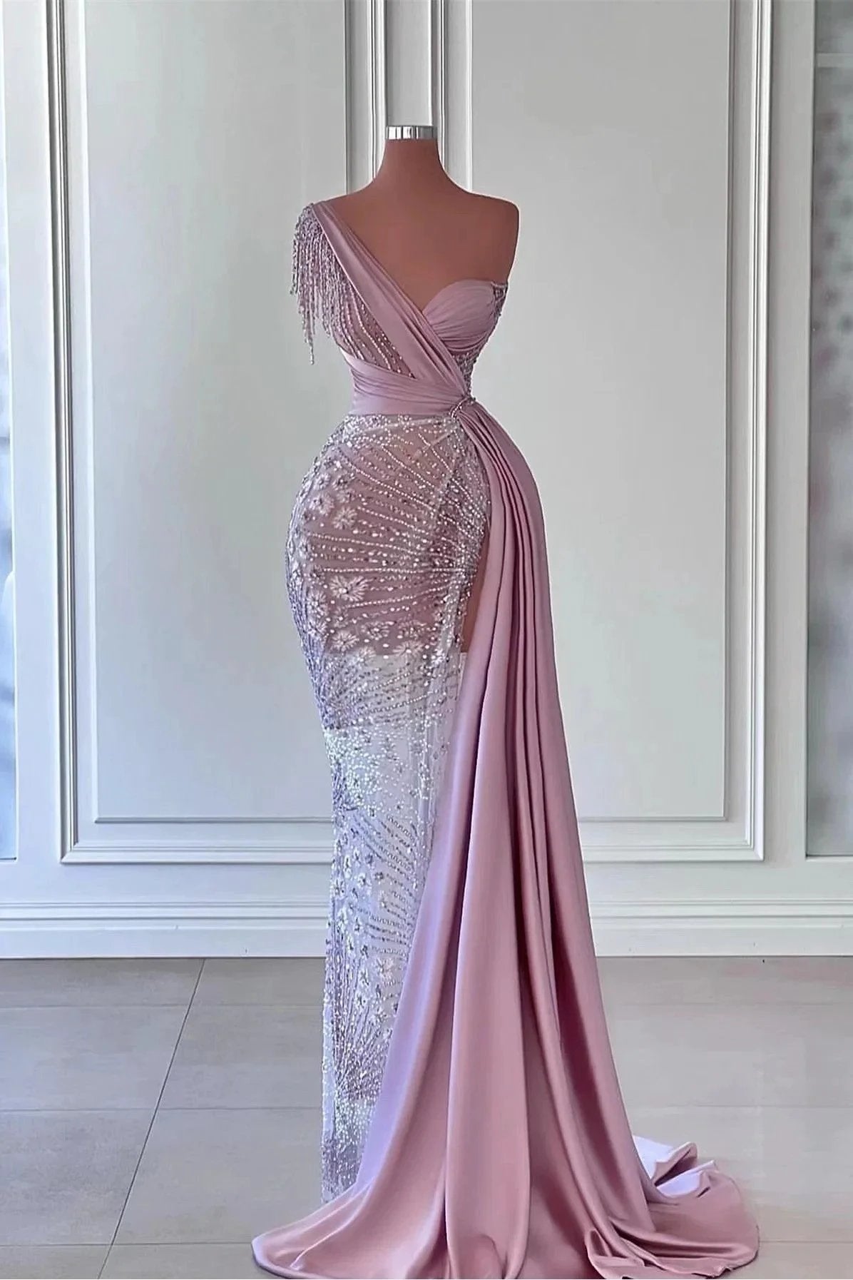 Stunning Long One Shoulder Mermaid Prom Dress with Bead Embellishments by BIZTUNNEL