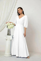 Numbersea Formal Prom Gown Women V-Neck Chiffon Bridesmaid Dresses Long Bishop Sleeve Party Dress 2807 by numbersea