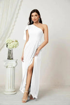 Numbersea Chiffon Ruffled One Shoulder Long Bridesmaid Dresses A-line Formal Evening Gown Side Split 2809 by numbersea