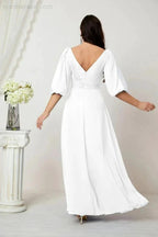 Numbersea Formal Prom Gown Women V-Neck Chiffon Bridesmaid Dresses Long Bishop Sleeve Party Dress 2807 by numbersea