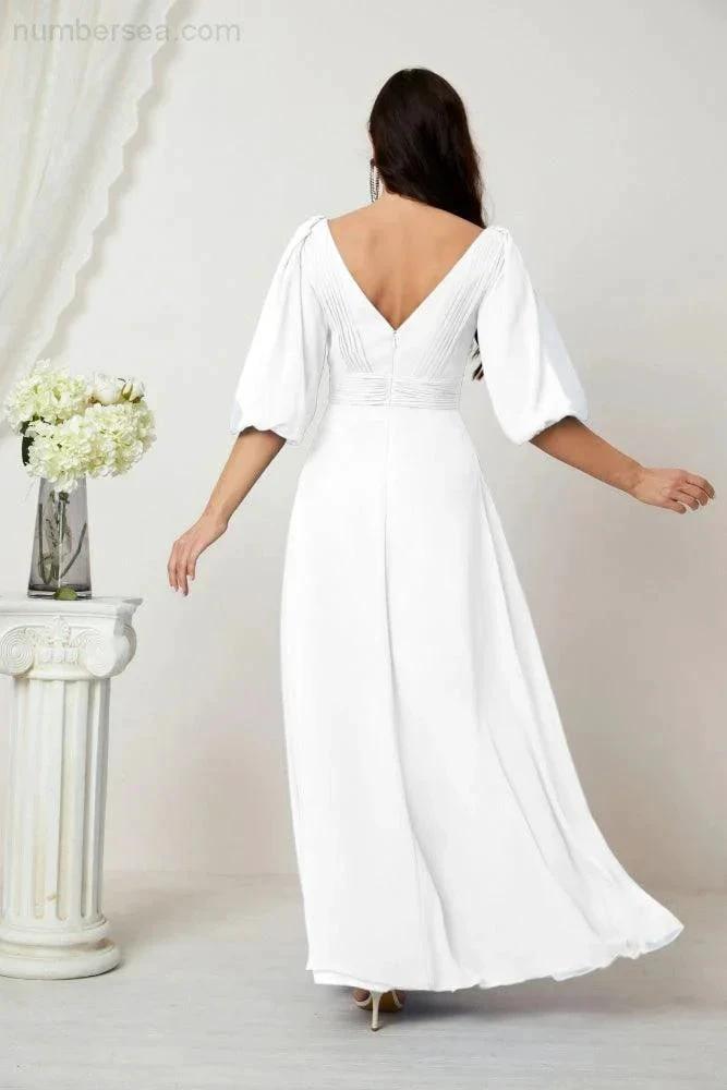 Numbersea Formal Prom Gown Women V-Neck Chiffon Bridesmaid Dresses Long Bishop Sleeve Party Dress 2807 by numbersea