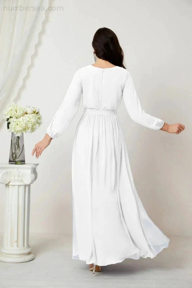Sunnderly Evening Dresses Deep V-Neck Chiffon Bridesmaid Dresses Long Bishop Sleeve Side Split Formal Dress SY2806 by numbersea