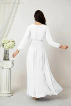 Sunnderly Evening Dresses Deep V-Neck Chiffon Bridesmaid Dresses Long Bishop Sleeve Side Split Formal Dress SY2806 by numbersea