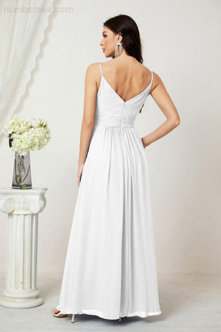 Numbersea Chiffon V-Neck Bridesmaid Dress Spaghetti Strap Long Formal Party Prom Gowns with Slit 28010