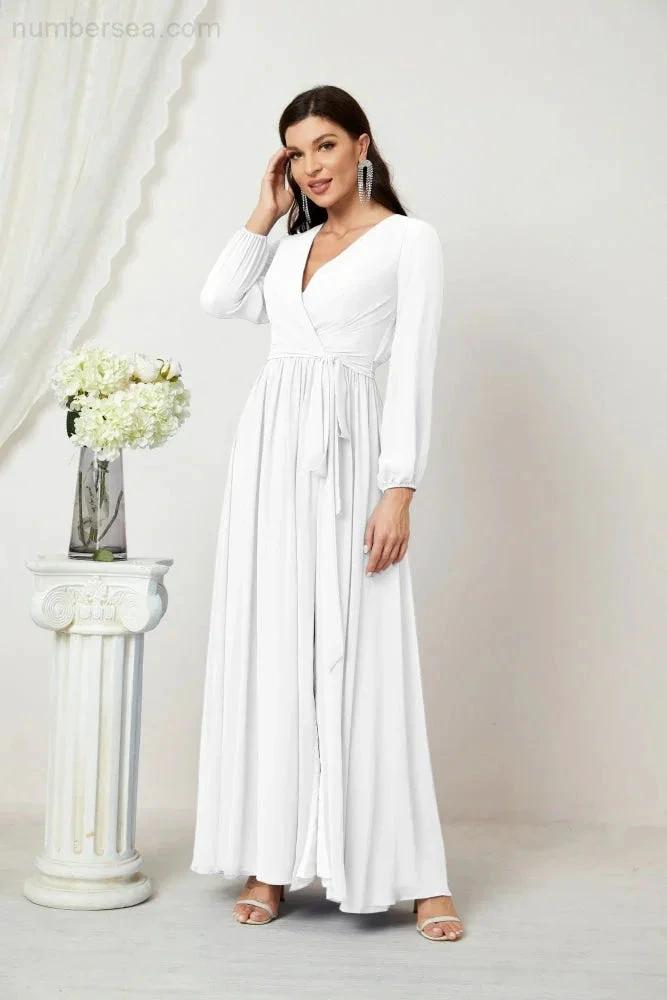 Sunnderly Evening Dresses Deep V-Neck Chiffon Bridesmaid Dresses Long Bishop Sleeve Side Split Formal Dress SY2806 by numbersea