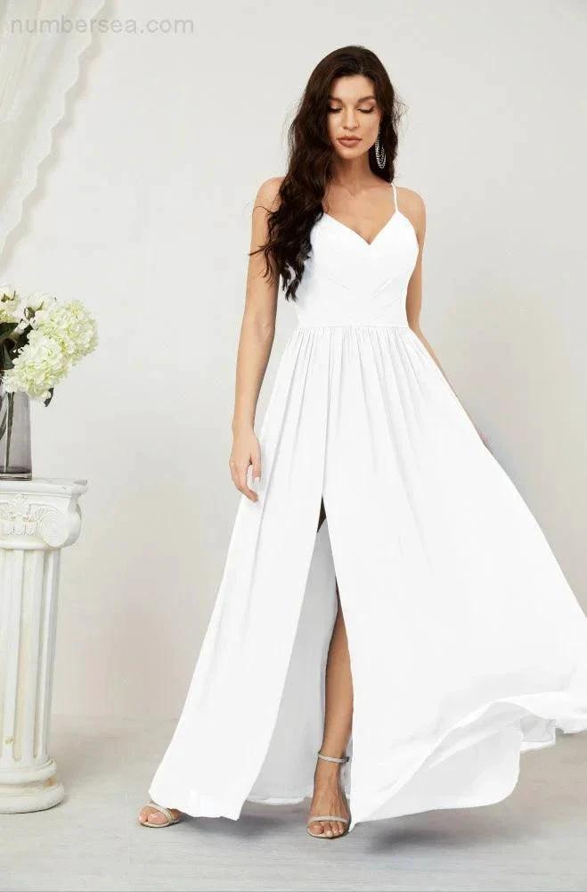 Numbersea Neck Bridesmaid Dresses Chiffon Long Spaghetti A-line Formal Prom Gown for Wedding Party Evening 2801 by numbersea