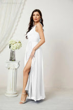 Robe de demoiselle d'honneur en mousseline Numbersea à col en V, bretelles fines, longue robe de soirée formelle avec fente 28010