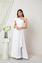 Numbersea Chiffon Ruffled One Shoulder Long Bridesmaid Dresses A-line Formal Evening Gown Side Split 2809 by numbersea
