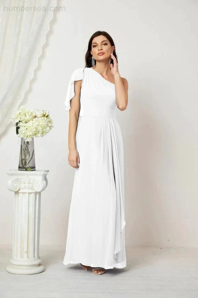 Numbersea Chiffon Ruffled One Shoulder Long Bridesmaid Dresses A-line Formal Evening Gown Side Split 2809 by numbersea