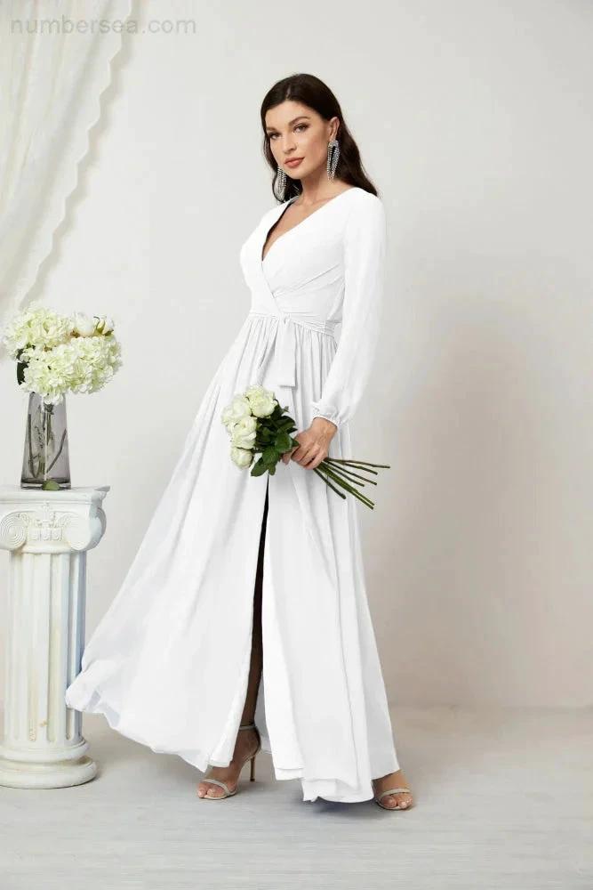 Sunnderly Evening Dresses Deep V-Neck Chiffon Bridesmaid Dresses Long Bishop Sleeve Side Split Formal Dress SY2806 by numbersea
