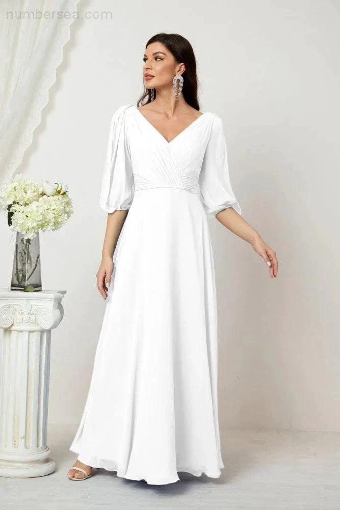Numbersea Formal Prom Gown Women V-Neck Chiffon Bridesmaid Dresses Long Bishop Sleeve Party Dress 2807 by numbersea