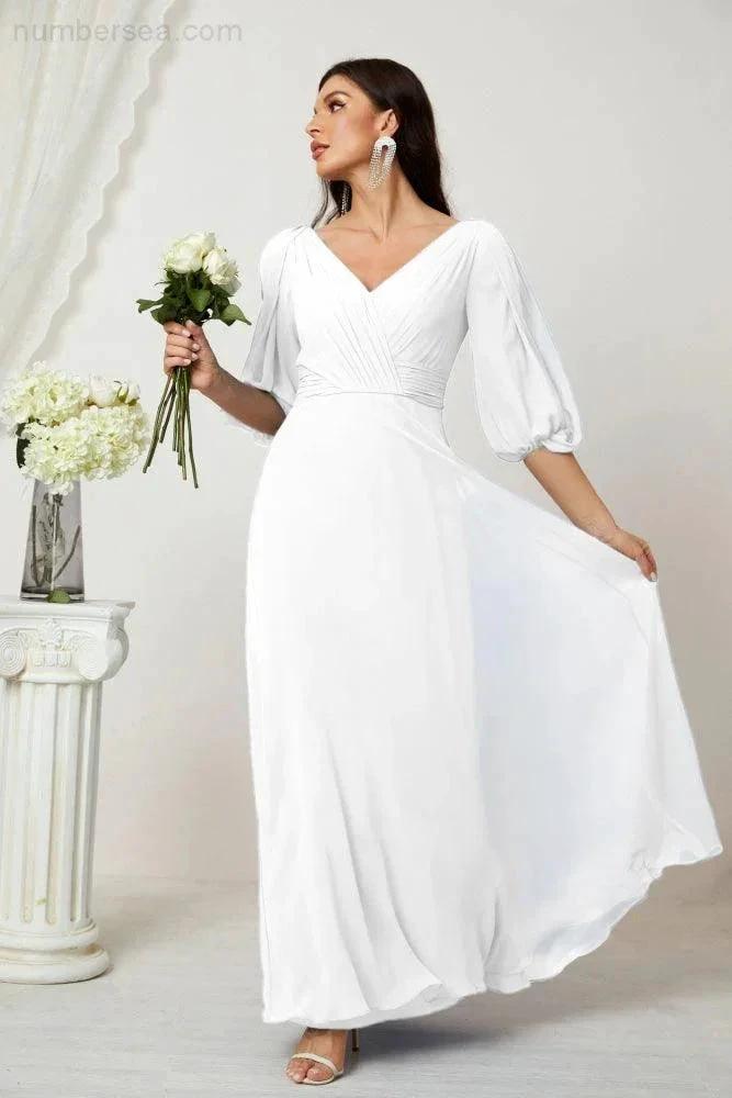 Numbersea Formal Prom Gown Women V-Neck Chiffon Bridesmaid Dresses Long Bishop Sleeve Party Dress 2807 by numbersea