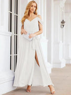 Numbersea Off The Shoulder Chiffon Bridesmaid Dress Long Formal Graduation Gown with Cowl Back 28069 by numbersea