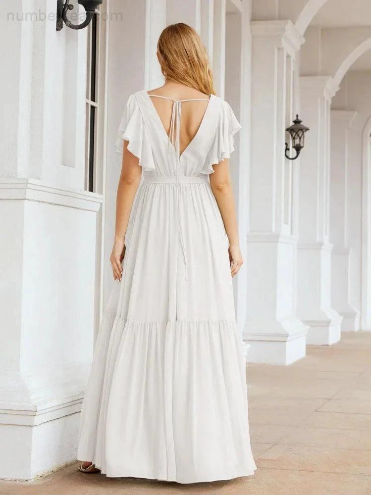Numbersea Women's Open Back Formal Evening Party Prom Gowns V-Neck Long Chiffon Bridesmaid Dresses with Waist Belt 28038 by numbersea
