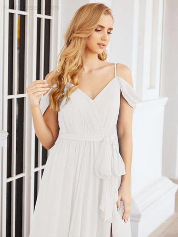 Numbersea Off The Shoulder Chiffon Bridesmaid Dress Long Formal Graduation Gown with Cowl Back 28069