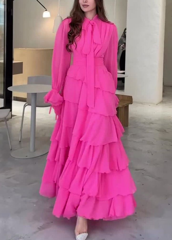 Modisches Chiffon-Langarm-Ballkleid mit Rüschen, elegantes Party-Abendkleid Y7617