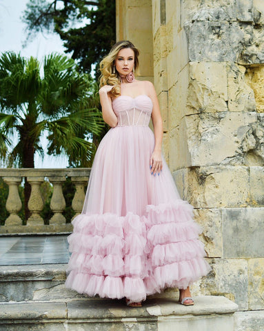 Sutton | A-Linien-Korsett-Trägerloses Tüll-Ballkleid mit Rüschen