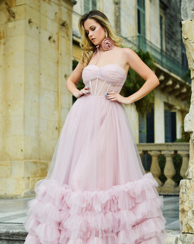Sutton | A-Linien-Korsett-Trägerloses Tüll-Ballkleid mit Rüschen