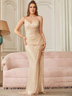 Sparkly Champagne Sequin Mermaid Evening Dresses For Women 2025 Sexy Spaghetti Backless Long Split Evening Prom Party Gowns by Sunnderly
