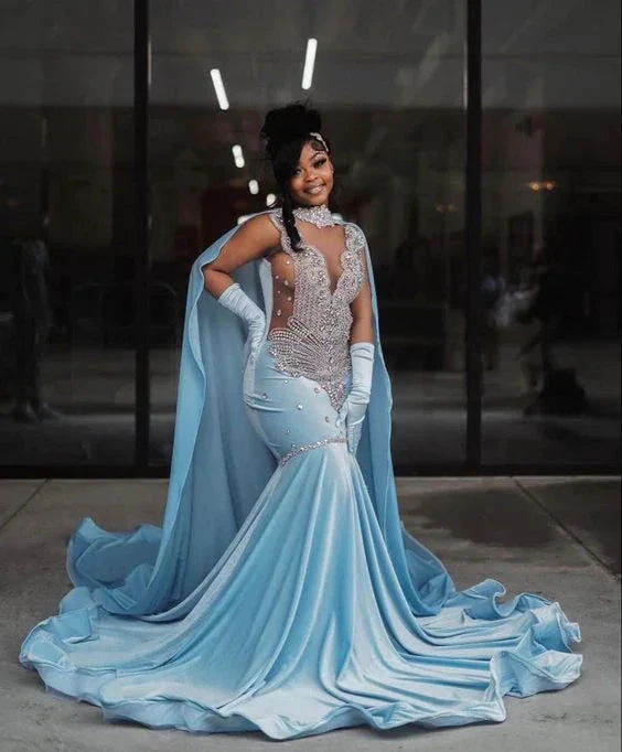 Sky Blue Velvet Silver Crystal Evening Dress Luxurious Evening Gown Y5764 by simplepromdress