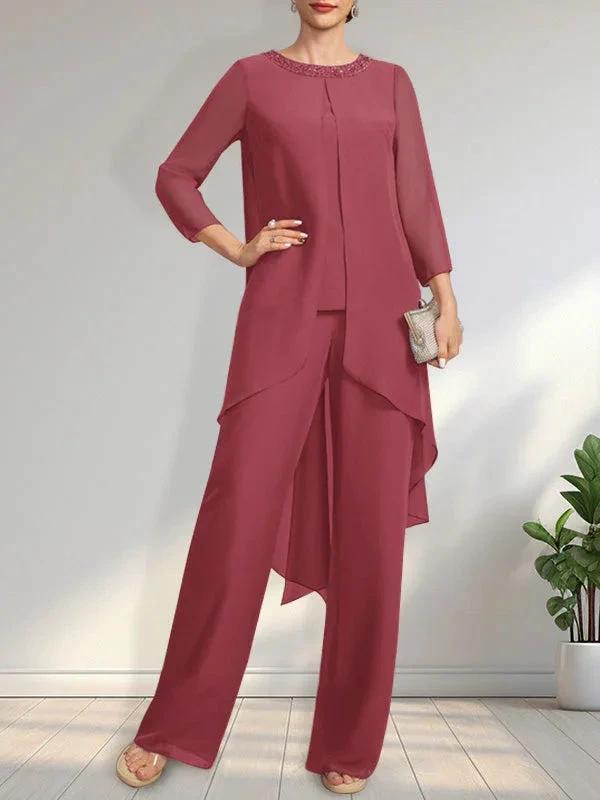 Separates Jumpsuit/Pantsuit Scoop Floor-Length Chiffon Mother of the Bride Dress With Sequins Beading by Dreamylily