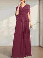 A-line V-Neck Floor-Length Chiffon Mother of the Bride Dress With Pleated by Dreamylily