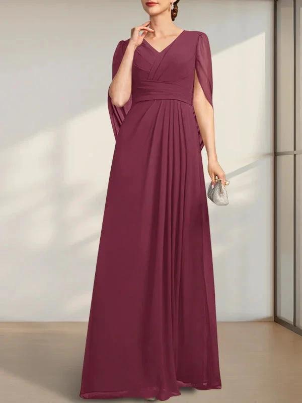 A-line V-Neck Floor-Length Chiffon Mother of the Bride Dress With Pleated by Dreamylily